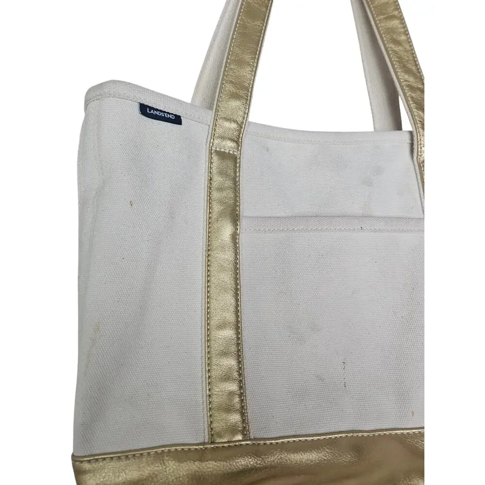 Lands End Gold Boat Tote Canvas Preppy Coastal Bag Casual Beach Pool Travel